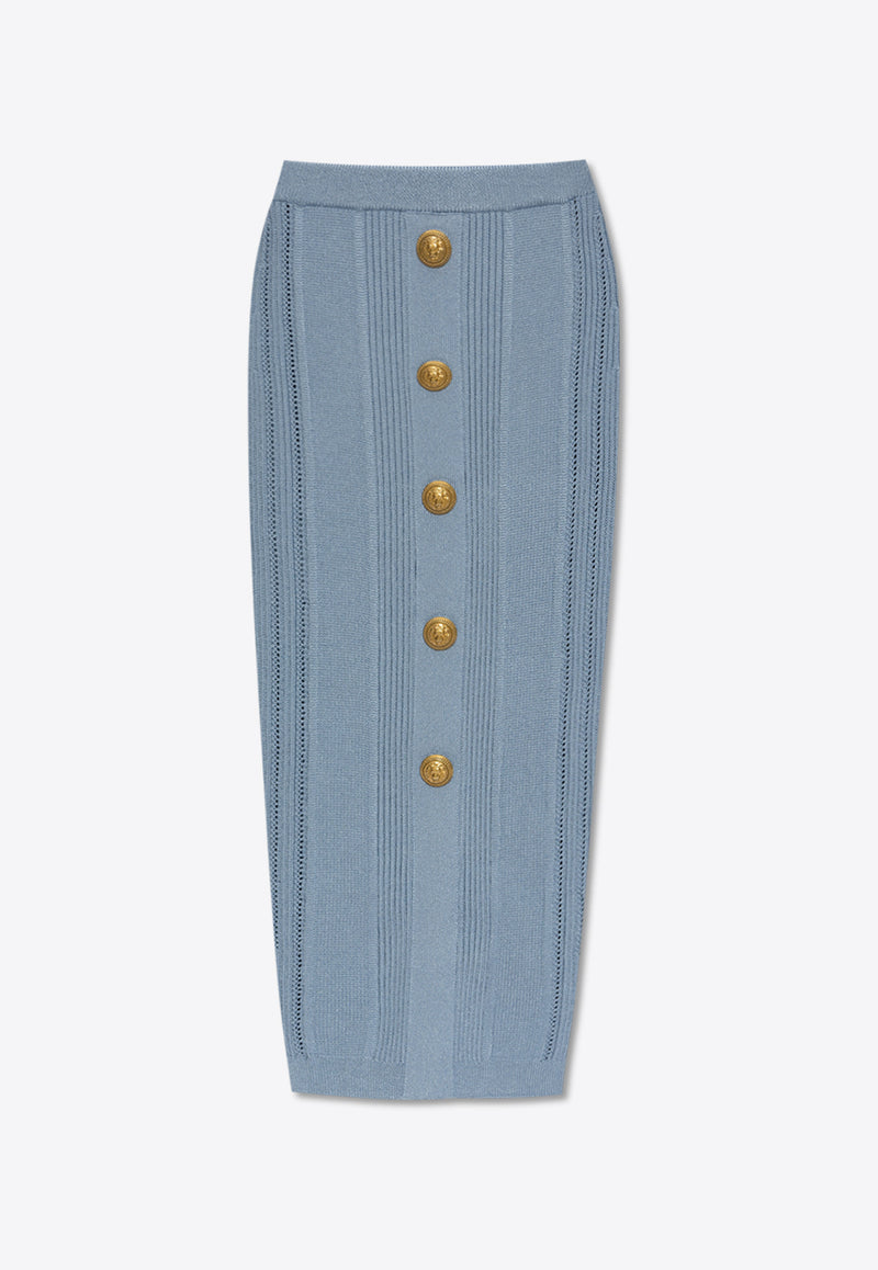 Balmain Buttoned Midi Knit Pencil Skirt Blue CF1LD043 KF24-6DI