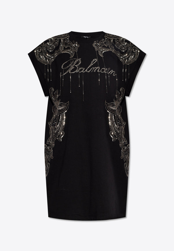 Balmain Signature Chain Embroidered T-shirt Dress Black CF1R0100 PC17-EJP