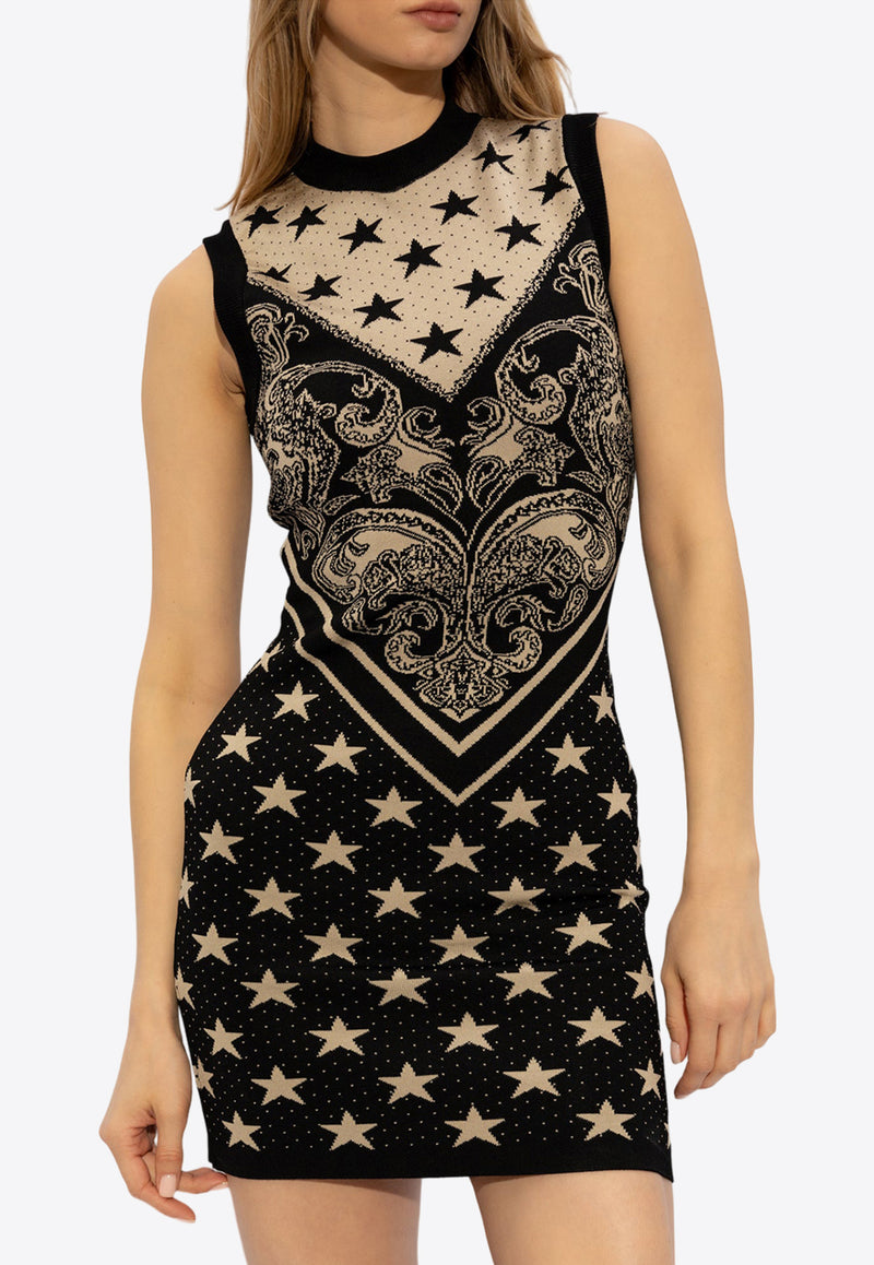Balmain Monogram and Star Knit Mini Dress Black CF1R4205 KF76-GFE