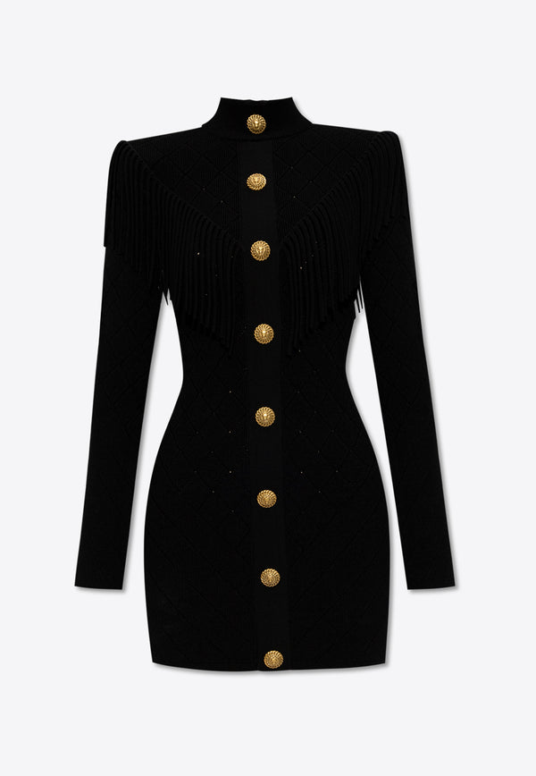 Balmain Short Fringed Fine Knit Dress Black CF1R8081 KF53-0PA