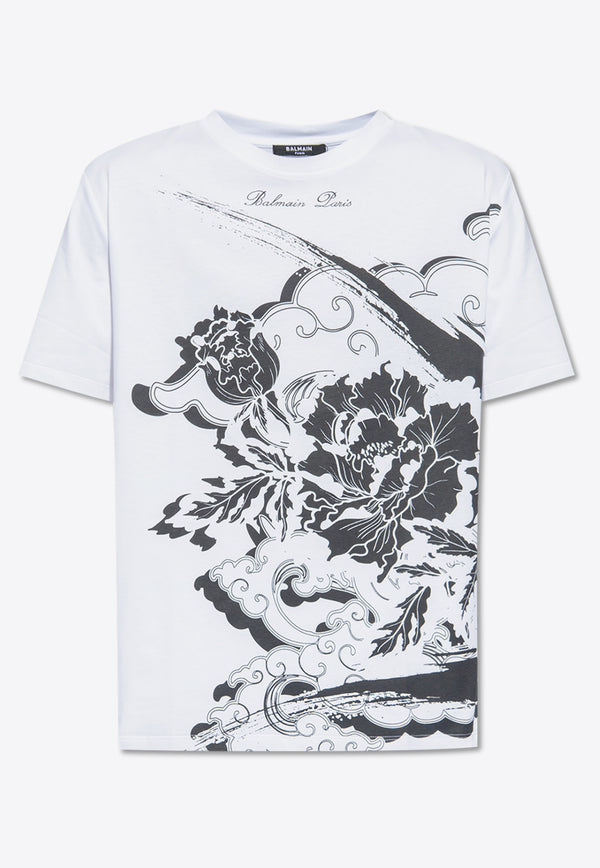 Balmain Flower Print Crewneck T-shirt White CH0EG000 GD51-GAB