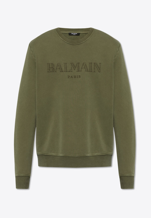 Balmain Logo Embroidered Crewneck Sweatshirt Green CH0JQ040 BC72-UIA