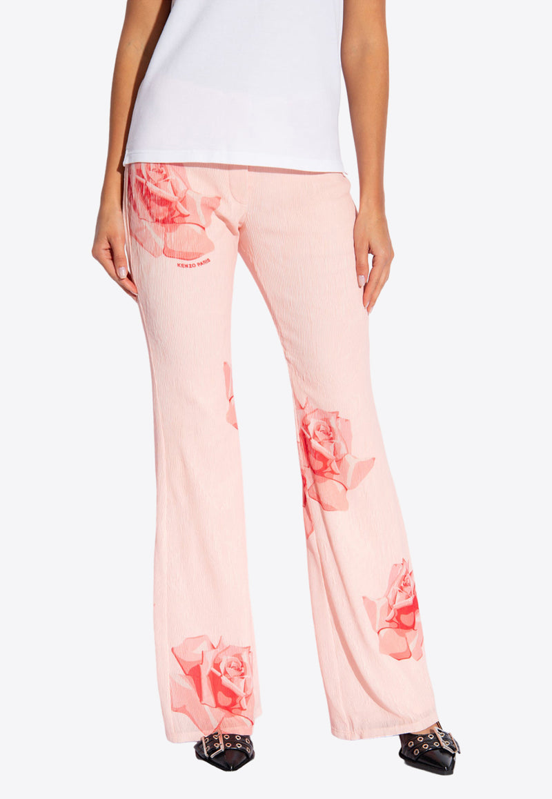 Kenzo Rose Print Flared Pants Pink FE52PA085 9E1-34
