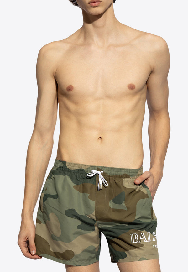Balmain Camouflage Logo Swim Shorts Green KĄPIELOWE BWB641350 0-308