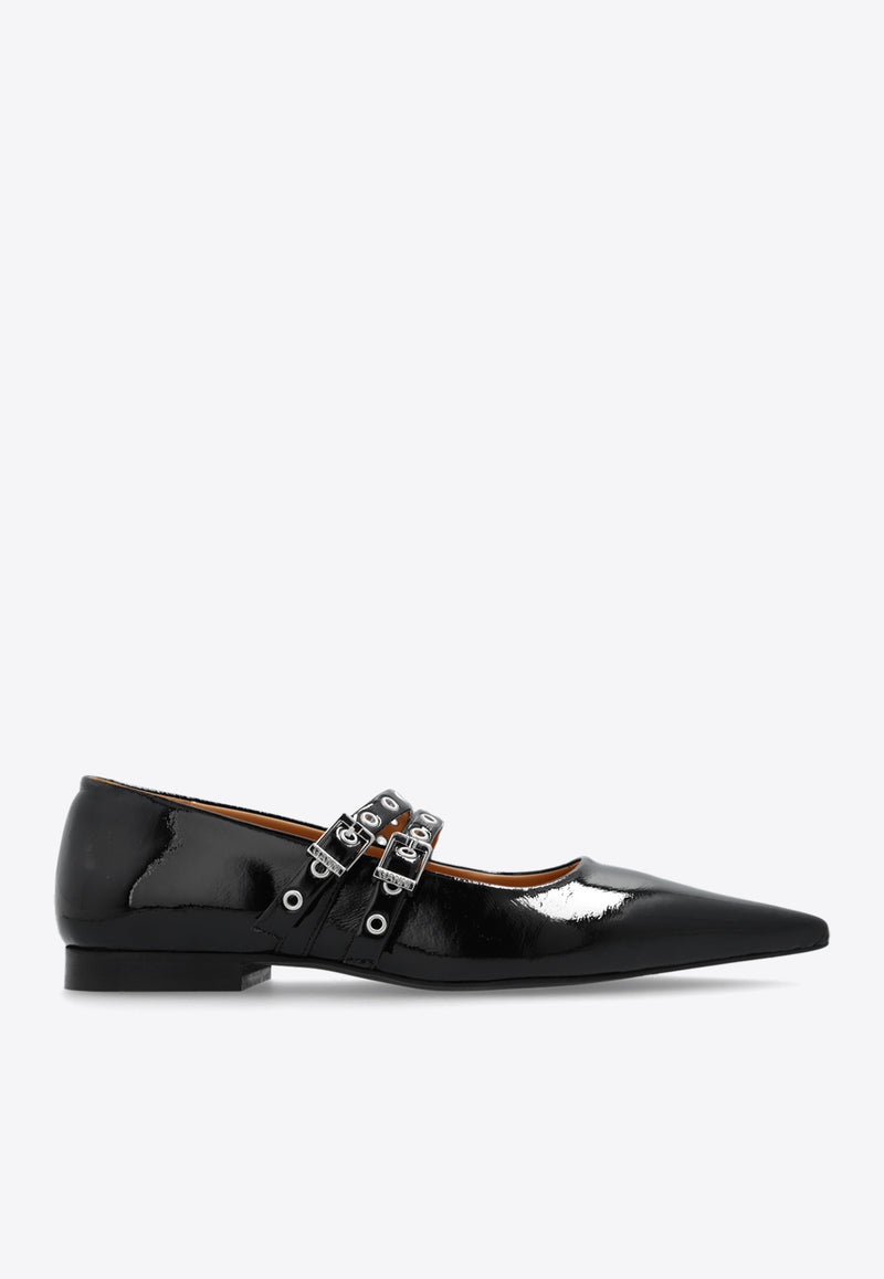 GANNI Pointed-Toe Flats in Glossy Faux Leather Black S2508 4929-099