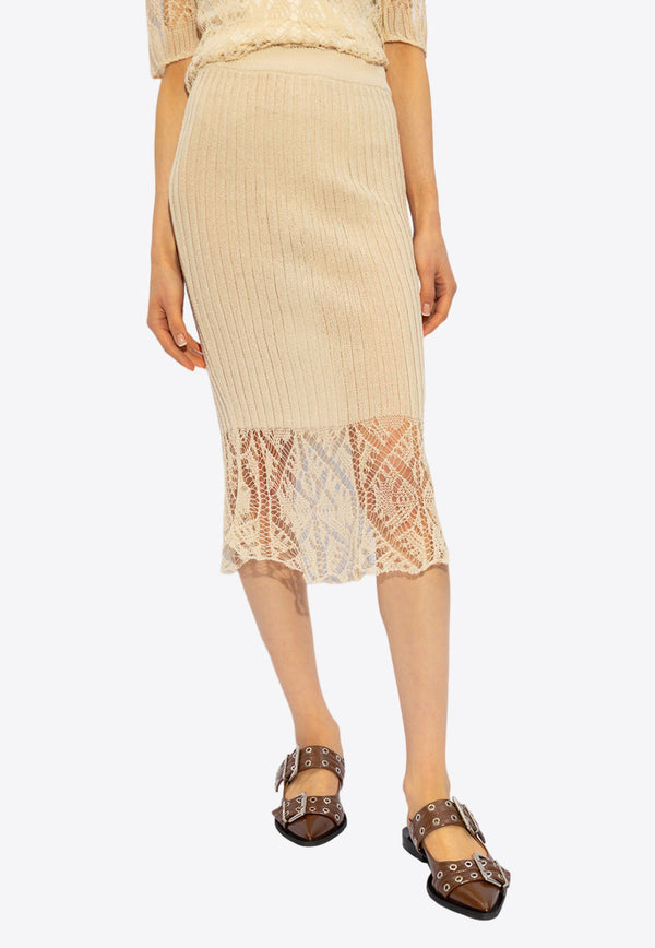 GANNI Lace-Trimmed Ribbed Midi Skirt Beige K2251 2665-135