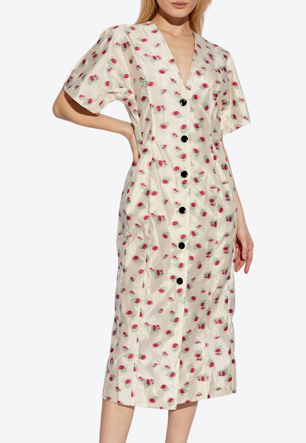 GANNI Floral Print V-neck Midi Dress Cream F8885 6759-795