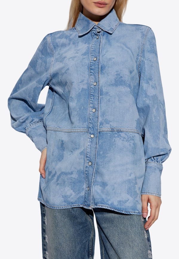 GANNI Studded Logo Bleached Denim Shirt Blue J1455 6411-564