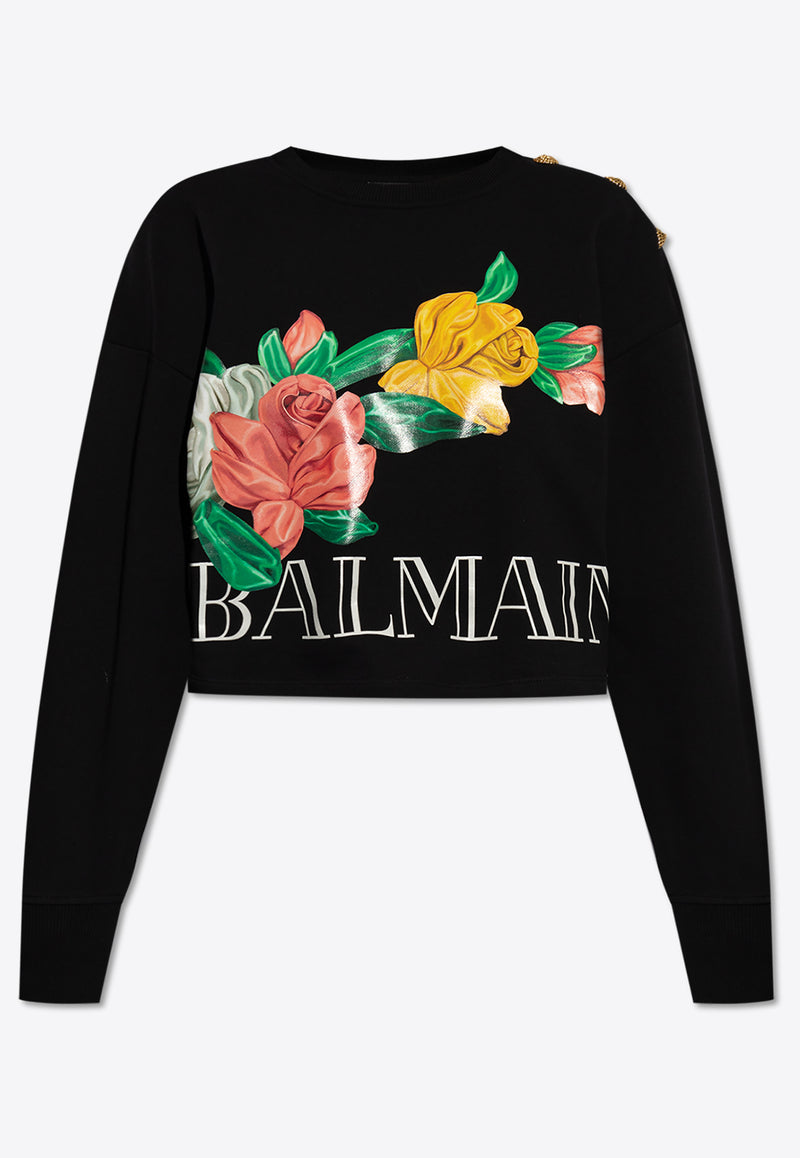 Balmain Rose Print Crewneck Sweatshirt