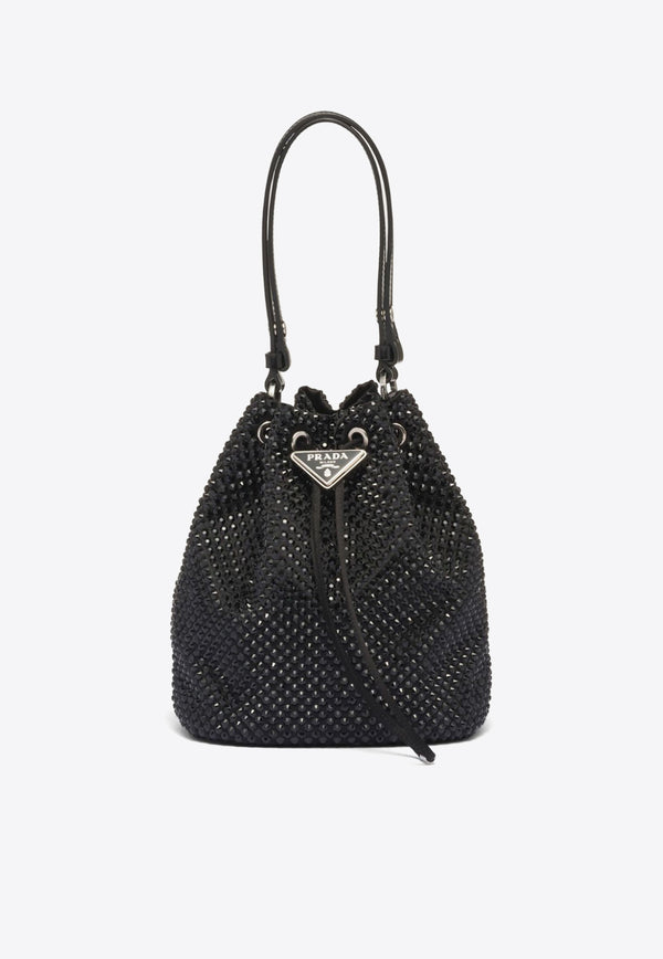 Prada Mini Crystal Embellished Satin Bucket Bag Black 1BE067VOOO2AWL_F0002