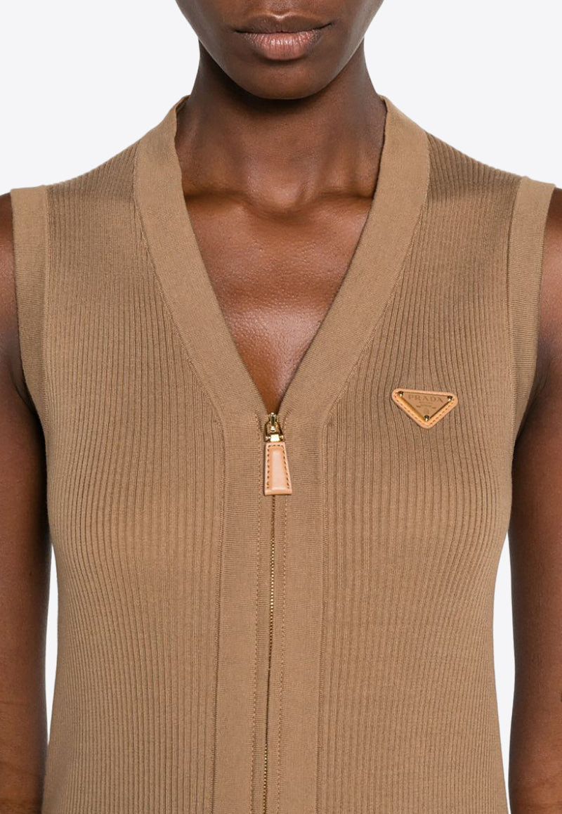 Prada Triangle Logo V-neck Sweater Vest Brown P29B19SOOO14VP_F0040