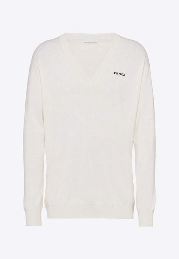 Prada Logo Intarsia V-neck Sweater White UMB679SOOO134D_F0009