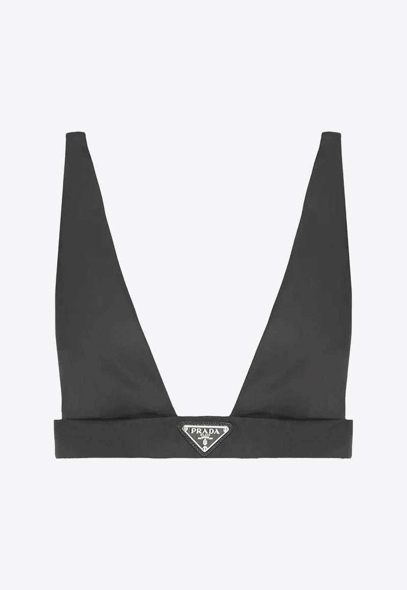 Prada V-neck Logo Plaque Bralette Top Black 240706S2121WQ8_F0002