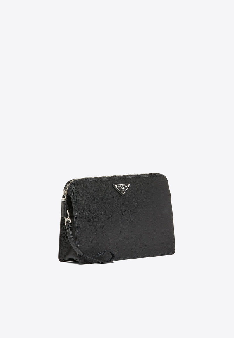 Prada Triangle Logo Leather Clutch Bag Black 2VF056VOOI9Z2_F0002