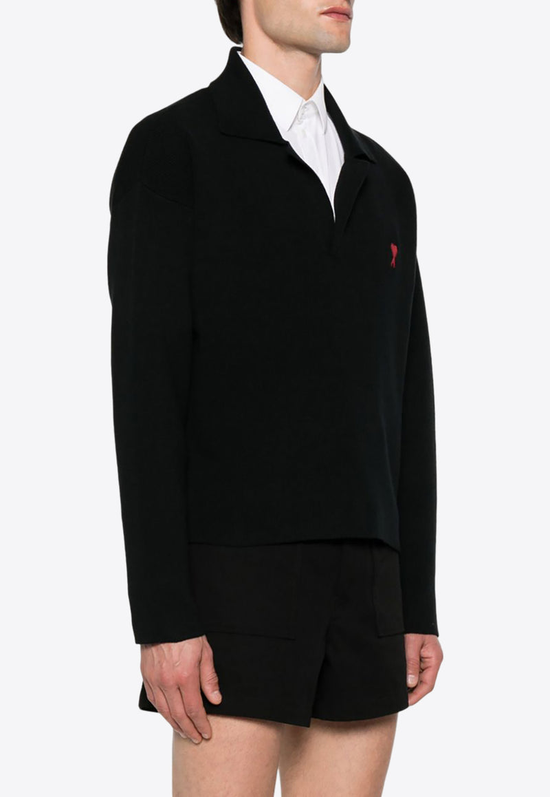 AMI PARIS Ami De Coeur Embroidered Polo Sweater Black UPL346KN0042_001