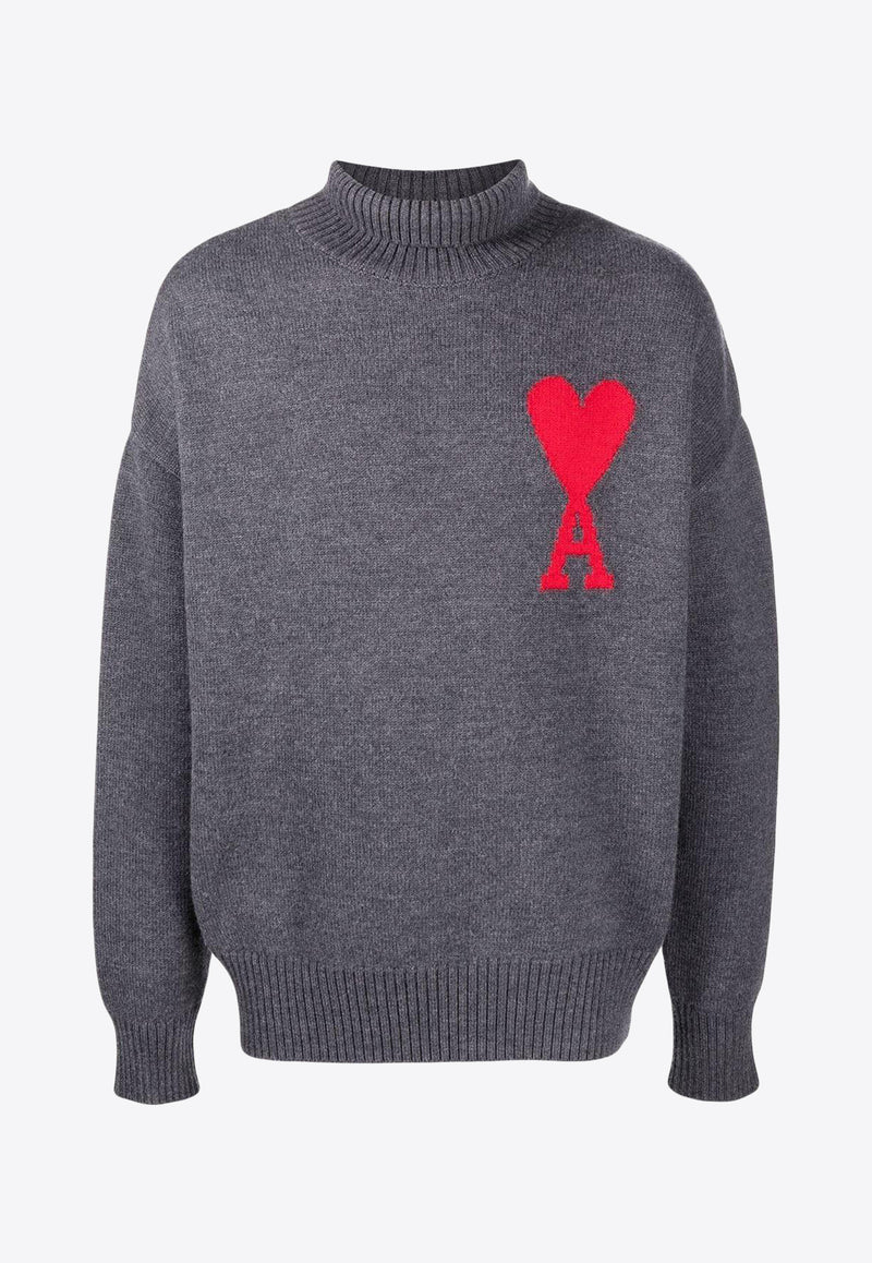 AMI PARIS Ami De Coeur Mock-Neck Wool Sweater Gray UKS402018_067