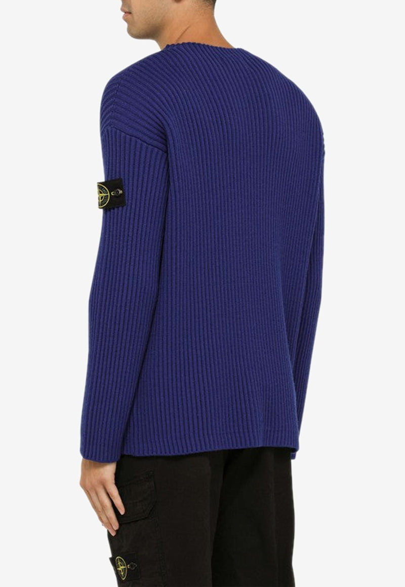 Stone Island Ribbed Knit Wool Sweater with Logo Patch Blue 7915538C2/N_STONE-V0022