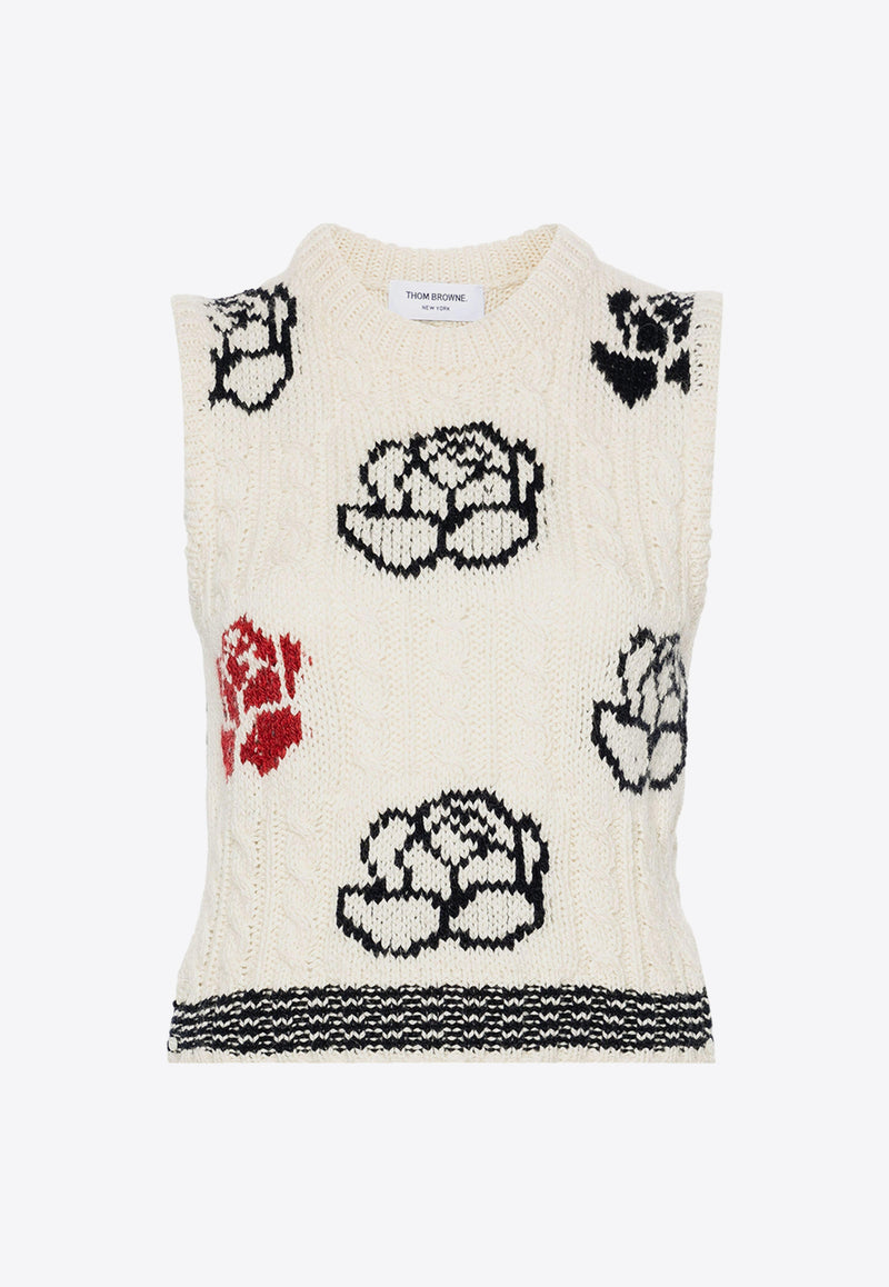 Thom Browne Rose Intarsia Knitted Sweater Vest White FKV201BY1506_100