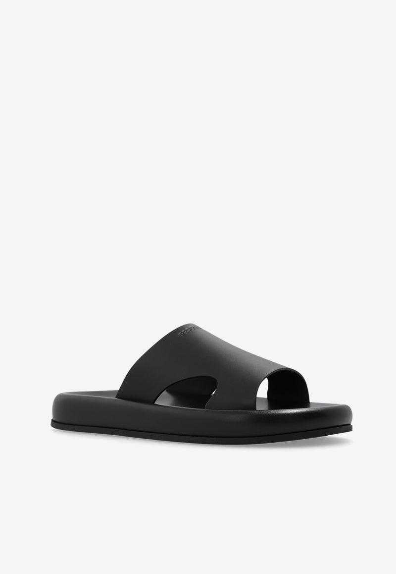 Salvatore Ferragamo Dolce Leather Flatform Slides Black 022485 DOLCE 772060-NERO