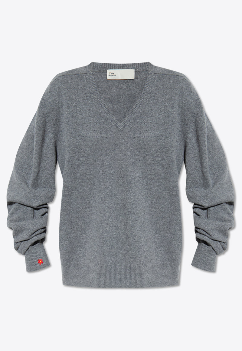 Tory Burch Essential V-neck Wool Sweater Gray 154349 0-025