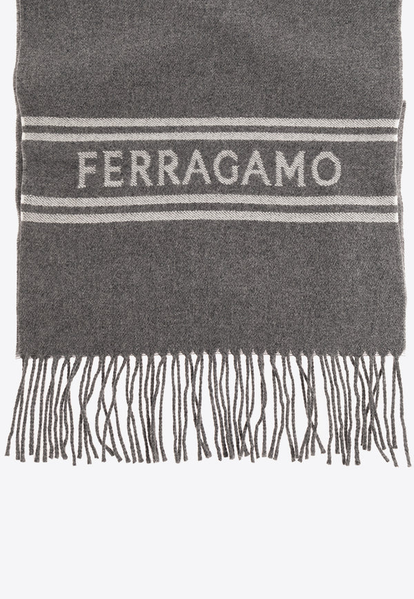 Salvatore Ferragamo Logo Pattern Wool Scarf Gray 520106 SR BANDFERR 770209-GREY WHITE