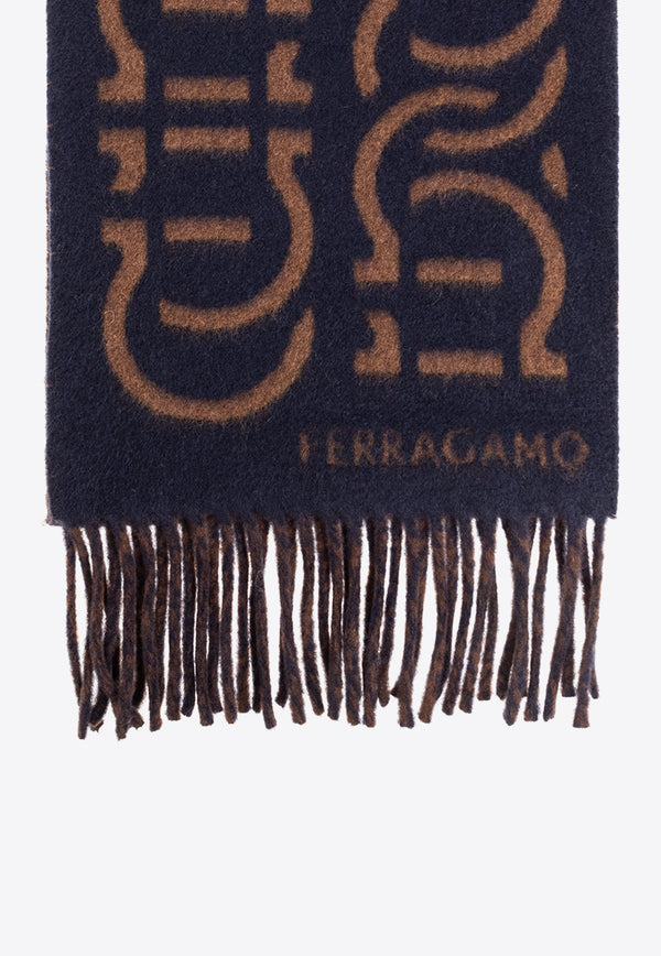 Salvatore Ferragamo Logo Fringed Wool Scarf Navy 520109 SR MAXICHAIN 770187-MIDNIGHT EXPRESSO