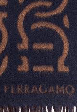 Salvatore Ferragamo Logo Fringed Wool Scarf Navy 520109 SR MAXICHAIN 770187-MIDNIGHT EXPRESSO