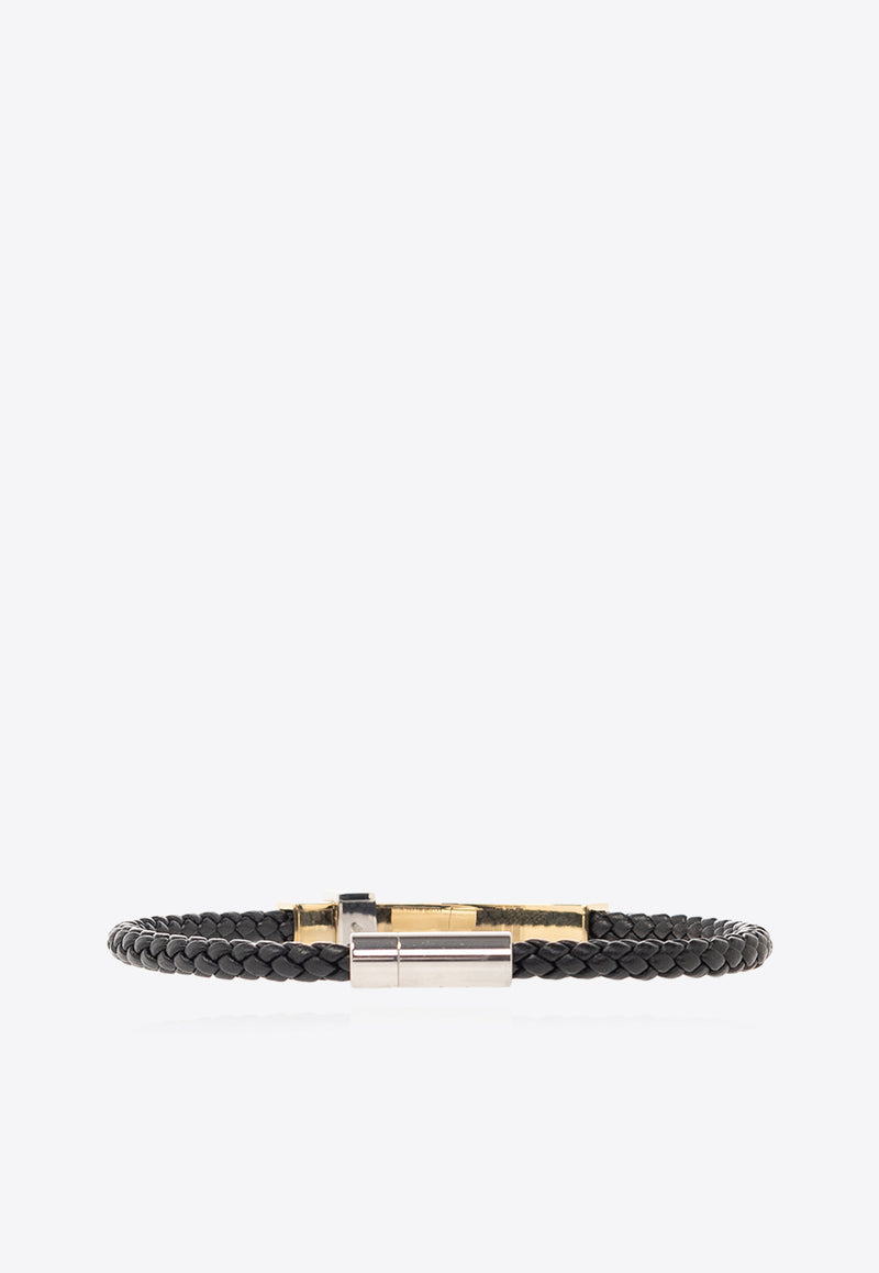 Salvatore Ferragamo Braided Leather Bracelet Black 770339 BR LIGHCUBE 771331-NERO ORO