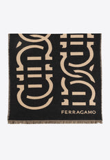 Salvatore Ferragamo Logo Pattern Wool Scarf Black 520103 SR CHAINS 770216-BLACK CAMEL