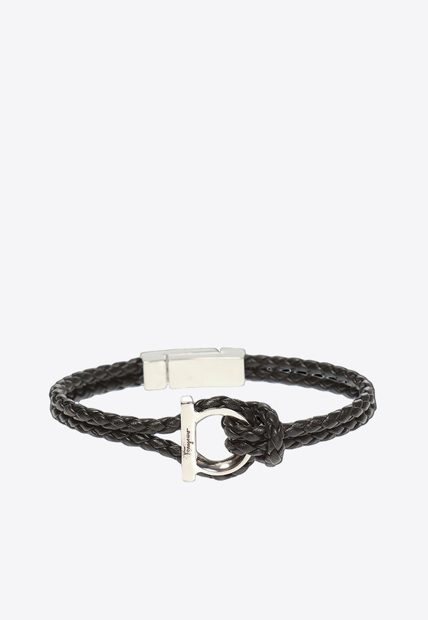 Salvatore Ferragamo Gancini Braided Bracelet 770141 BR G FRAME 712417-PELLE BLACK PLDLUCIDO