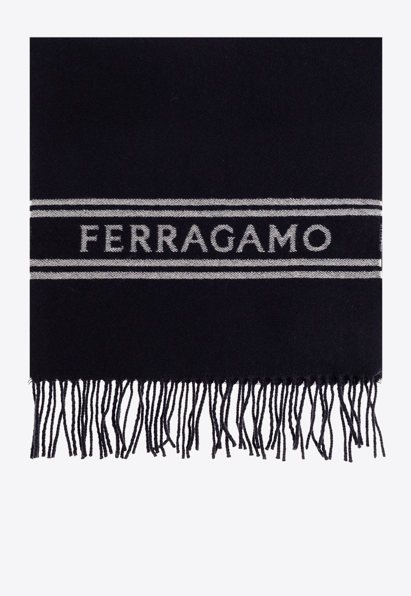 Salvatore Ferragamo Logo Wool Fringed Scarf Navy 520106 SR BANDFERR 770208-NEW NAVY WHITE