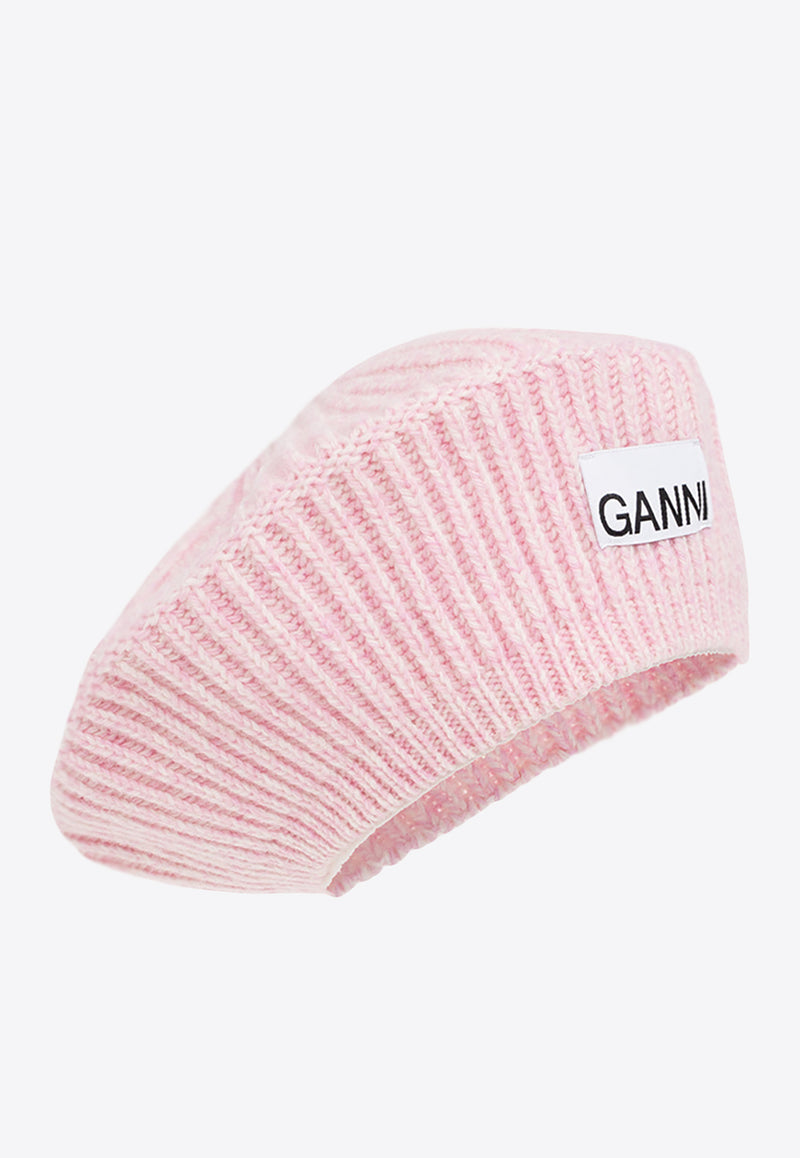 GANNI Logo Patch Wool Blend Beret Pink A4430 5789-395