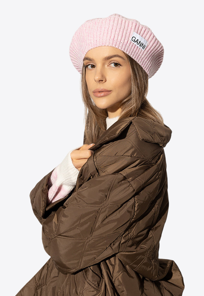 GANNI Logo Patch Wool Blend Beret Pink A4430 5789-395