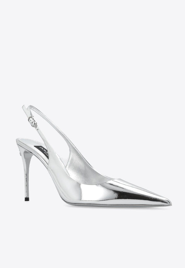 Dolce & Gabbana Lollo 105 Mirrored Leather Slingback Pumps Silver CG0621 AY828-80998