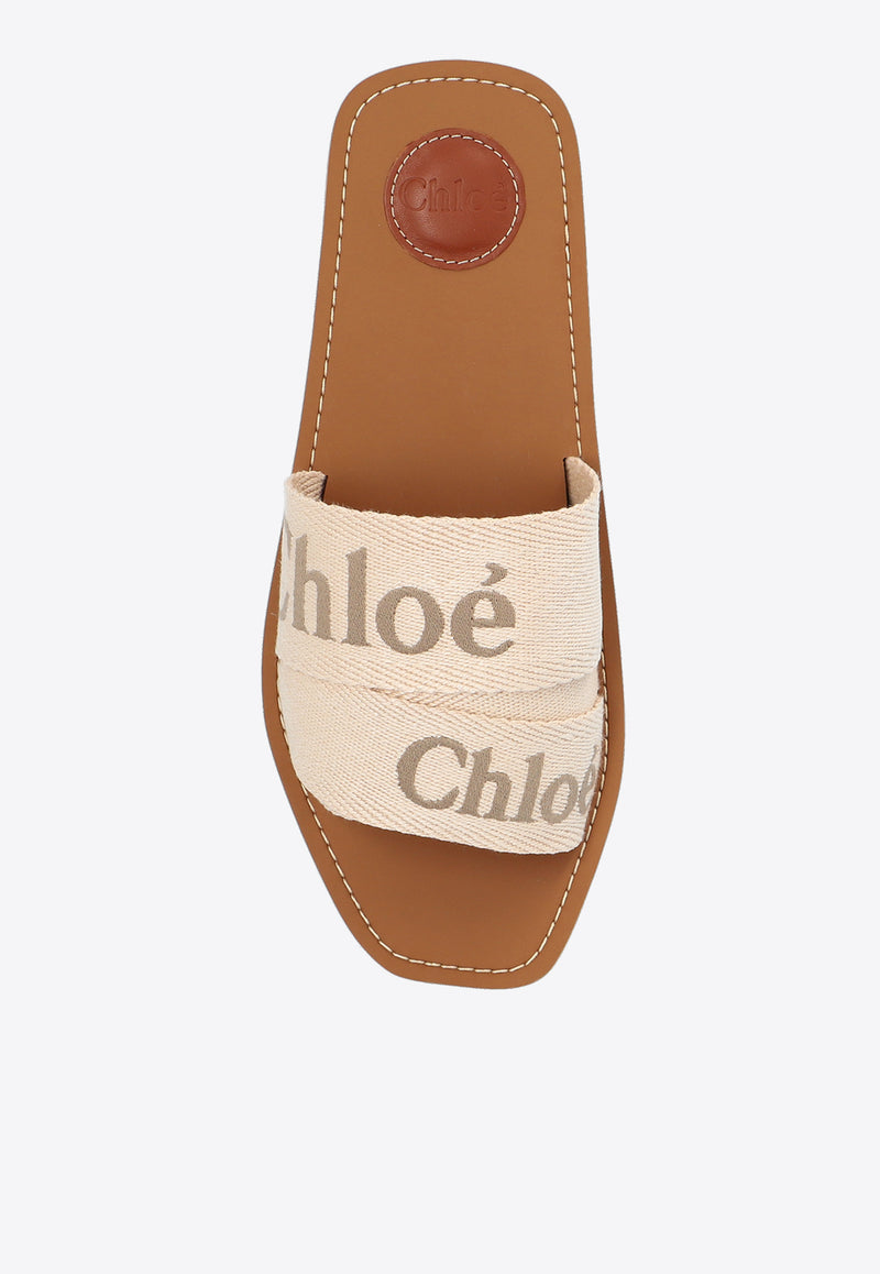 Chloé Woody Logo Print Slides Beige CHC23U188 EF-26Y