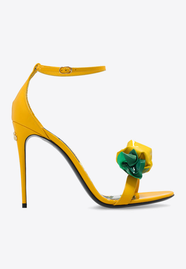 Dolce & Gabbana Keira 105 Floral Applique Sandals in Patent Leather Yellow CR1648 AR848-8L136