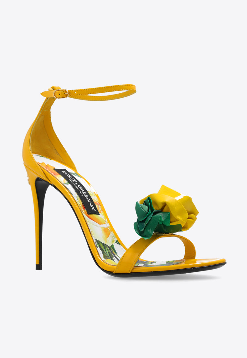 Dolce & Gabbana Keira 105 Floral Applique Sandals in Patent Leather Yellow CR1648 AR848-8L136