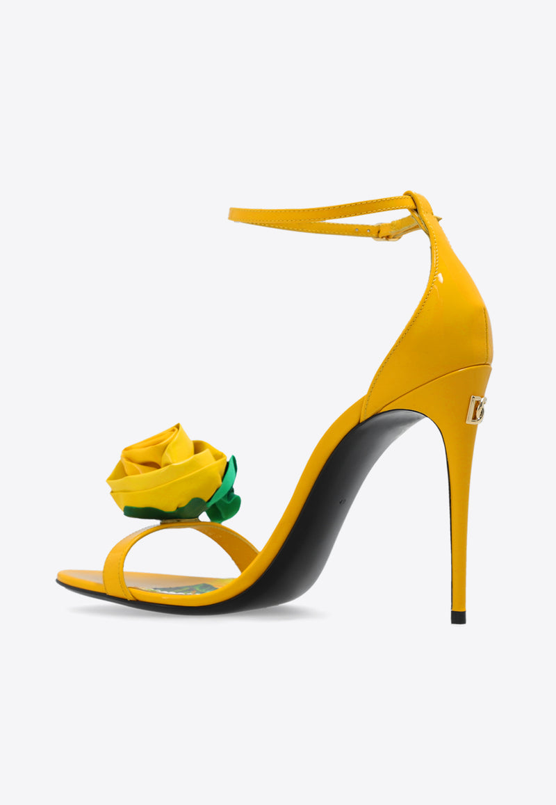 Dolce & Gabbana Keira 105 Floral Applique Sandals in Patent Leather Yellow CR1648 AR848-8L136