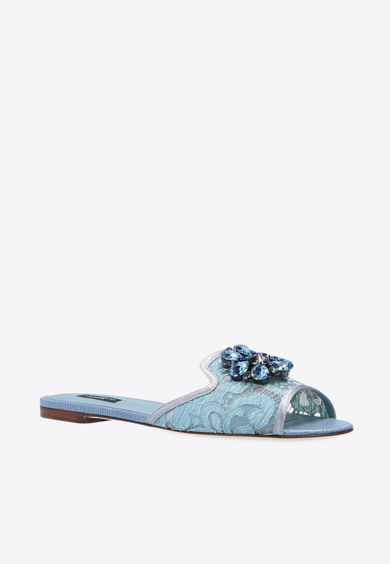 Dolce & Gabbana Bianca Embellished Lace Flat Sandals Light Blue CQ0023 AG667-80605