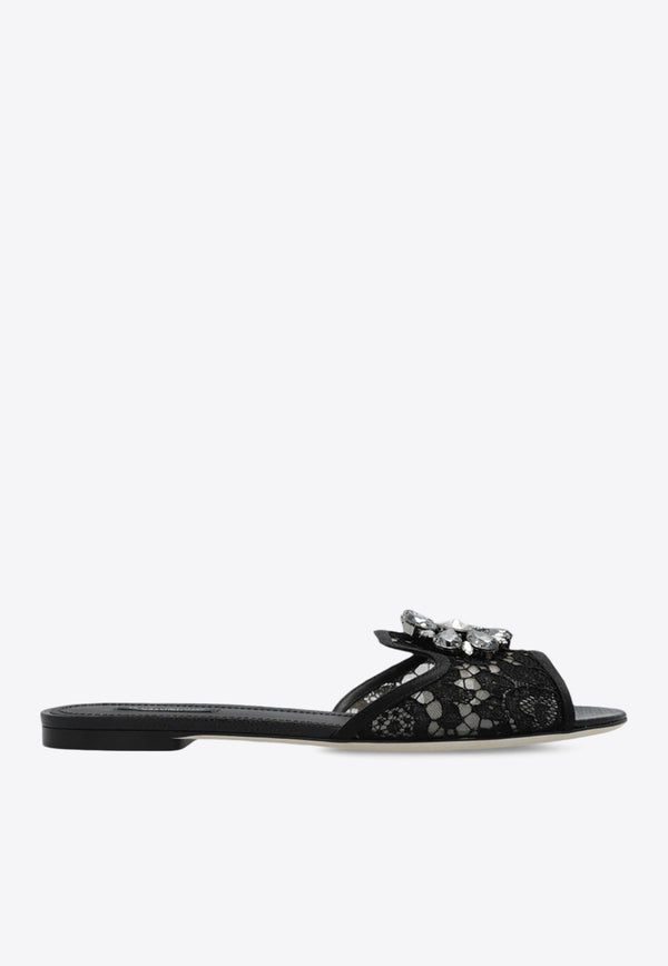 Dolce & Gabbana Bianca Embellished Lace Flat Sandals Black CQ0023 AG667-80999