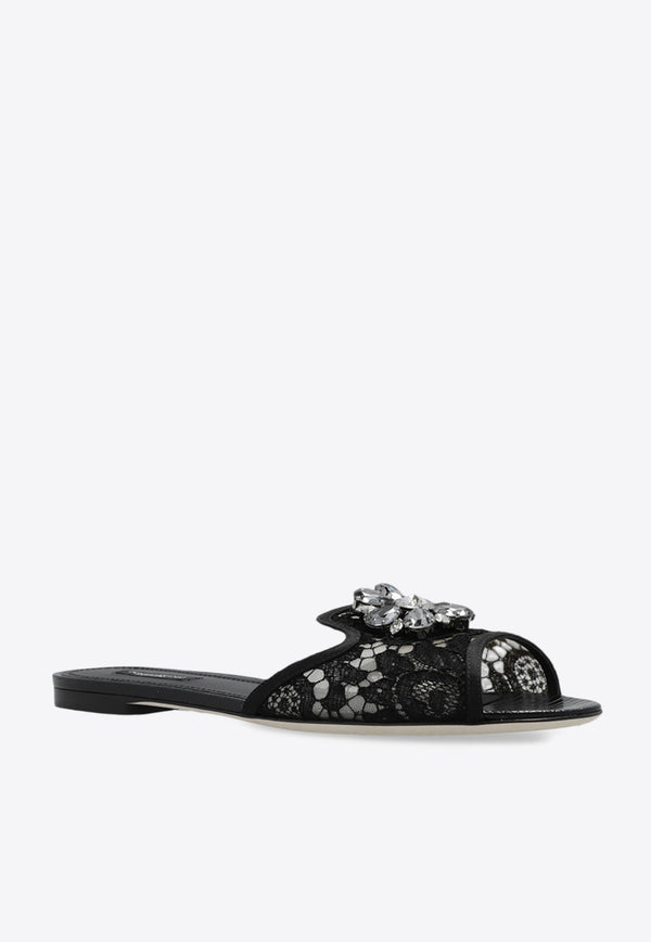 Dolce & Gabbana Bianca Embellished Lace Flat Sandals Black CQ0023 AG667-80999