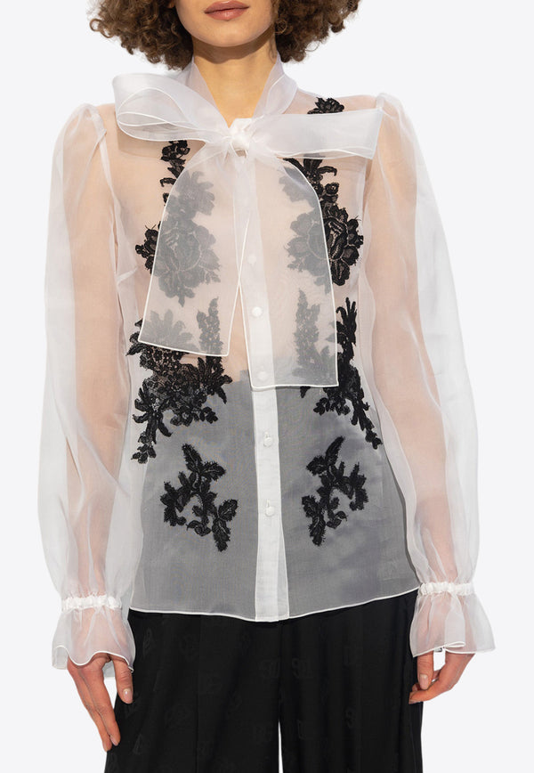 Dolce & Gabbana Lace Appliqué Sheer Tuxedo Shirt White F5L23T GDB8Q-W0111