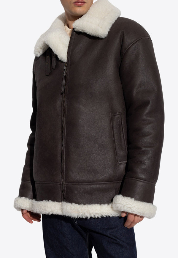 Loewe Shearling-Trimmed Leather Jacket Dark Brown H526Y20L38 0-WHITE BROWN