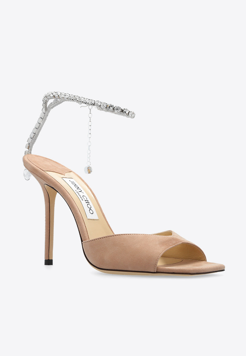 Jimmy Choo Saeda 100 Crystal Embellished Suede Sandals Ballet Pink SAEDA SANDAL 100 EWA-BALLET PINK CRYSTAL