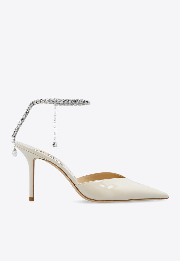 Jimmy Choo Saeda 85 Crystal Embellished Pumps in Patent Leather Cream SAEDA 85 BOB-LINEN CRYSTAL