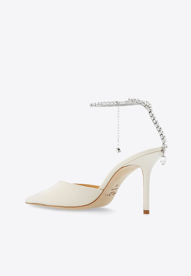 Jimmy Choo Saeda 85 Crystal Embellished Pumps in Patent Leather Cream SAEDA 85 BOB-LINEN CRYSTAL