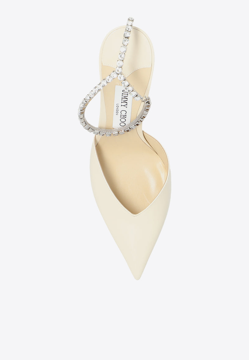 Jimmy Choo Saeda 85 Crystal Embellished Pumps in Patent Leather Cream SAEDA 85 BOB-LINEN CRYSTAL