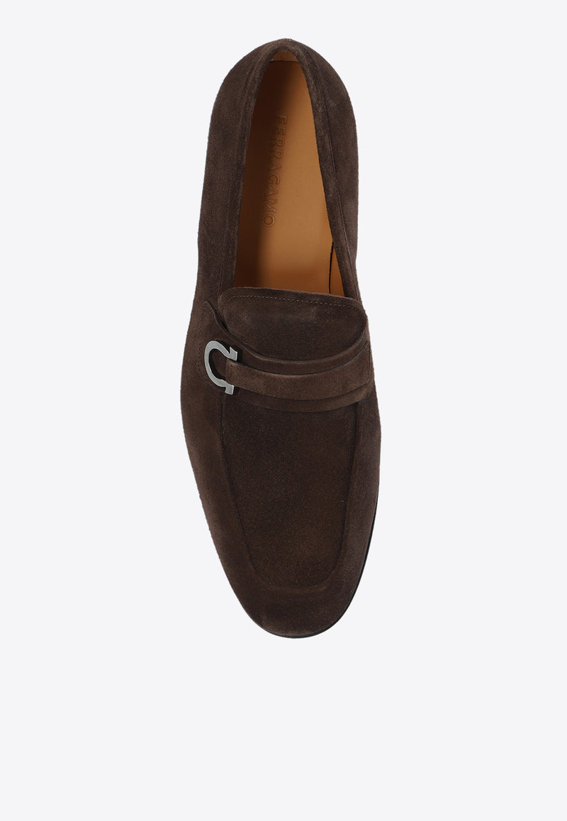 Salvatore Ferragamo Florio Gancini Suede Loafers Brown 021688 FLORIO 768817-T MORO