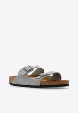 Birkenstock Arizona Double-Buckle Perforated Suede Slides Gray 1026988 0-DOTTED STONE COIN