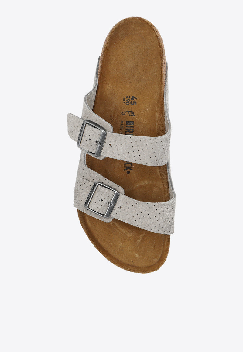 Birkenstock Arizona Double-Buckle Perforated Suede Slides Gray 1026988 0-DOTTED STONE COIN